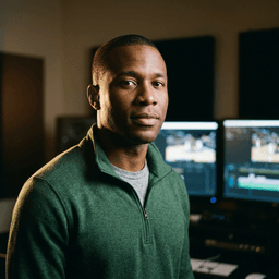 Editorial portrait of James Okafor, Senior Film Editor at HoopBrief, photographed in a video editing bay with monitors visible behind him.