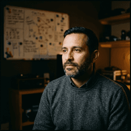 Editorial portrait of Marcus Reyes, Lead Coaching Analyst at HoopBrief, photographed in a dim film room with a tactical whiteboard behind him.