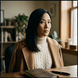 Editorial portrait of Sarah Liang, Coaching Editor at HoopBrief, photographed at a wooden desk with a leather notebook and fountain pen in view.