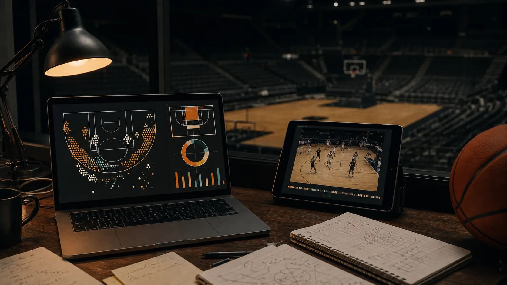 An analyst's film desk with shot-location data overlooking an empty court