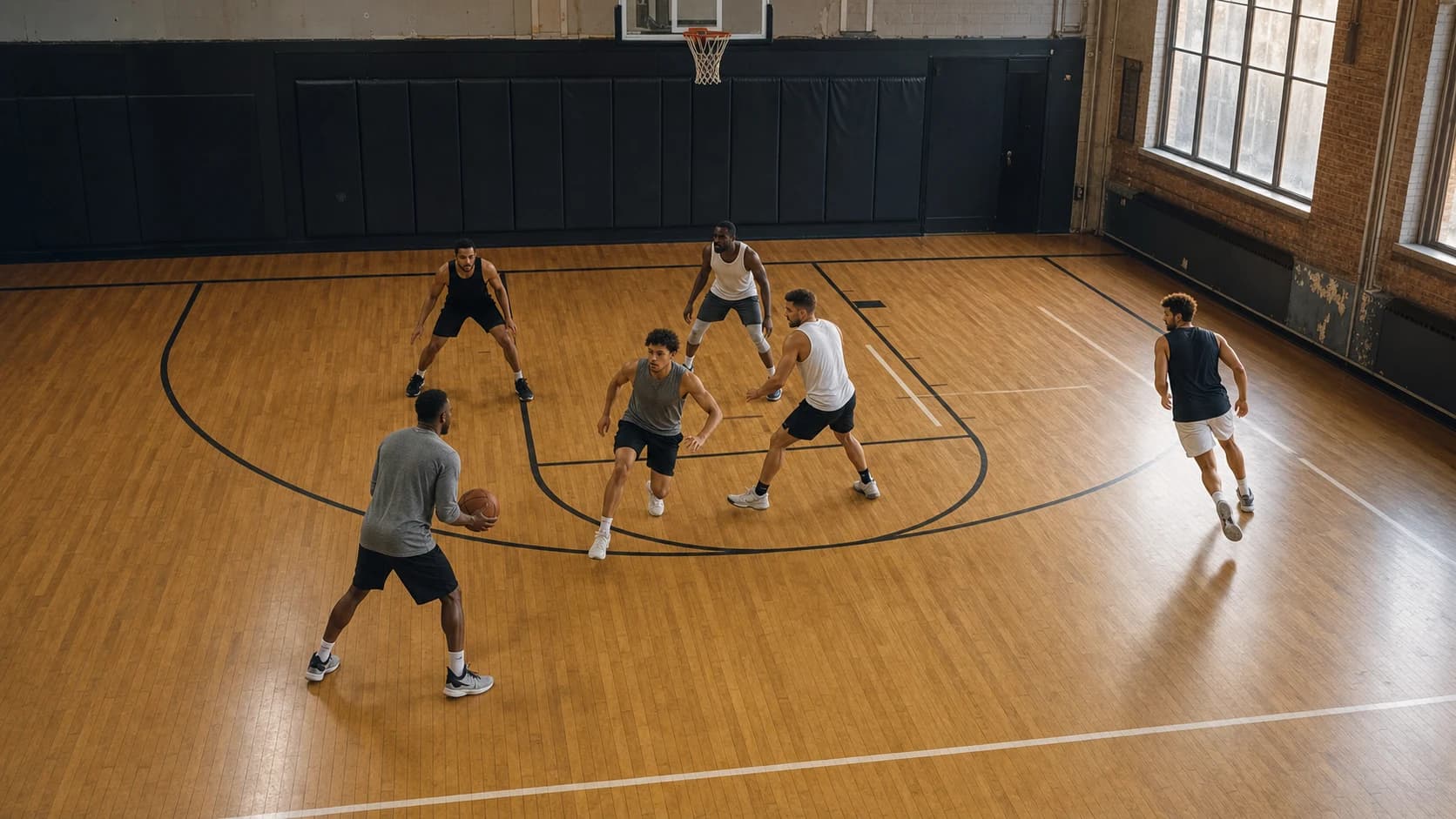 Five offensive players filling distinct roles and spaces in a half-court practice