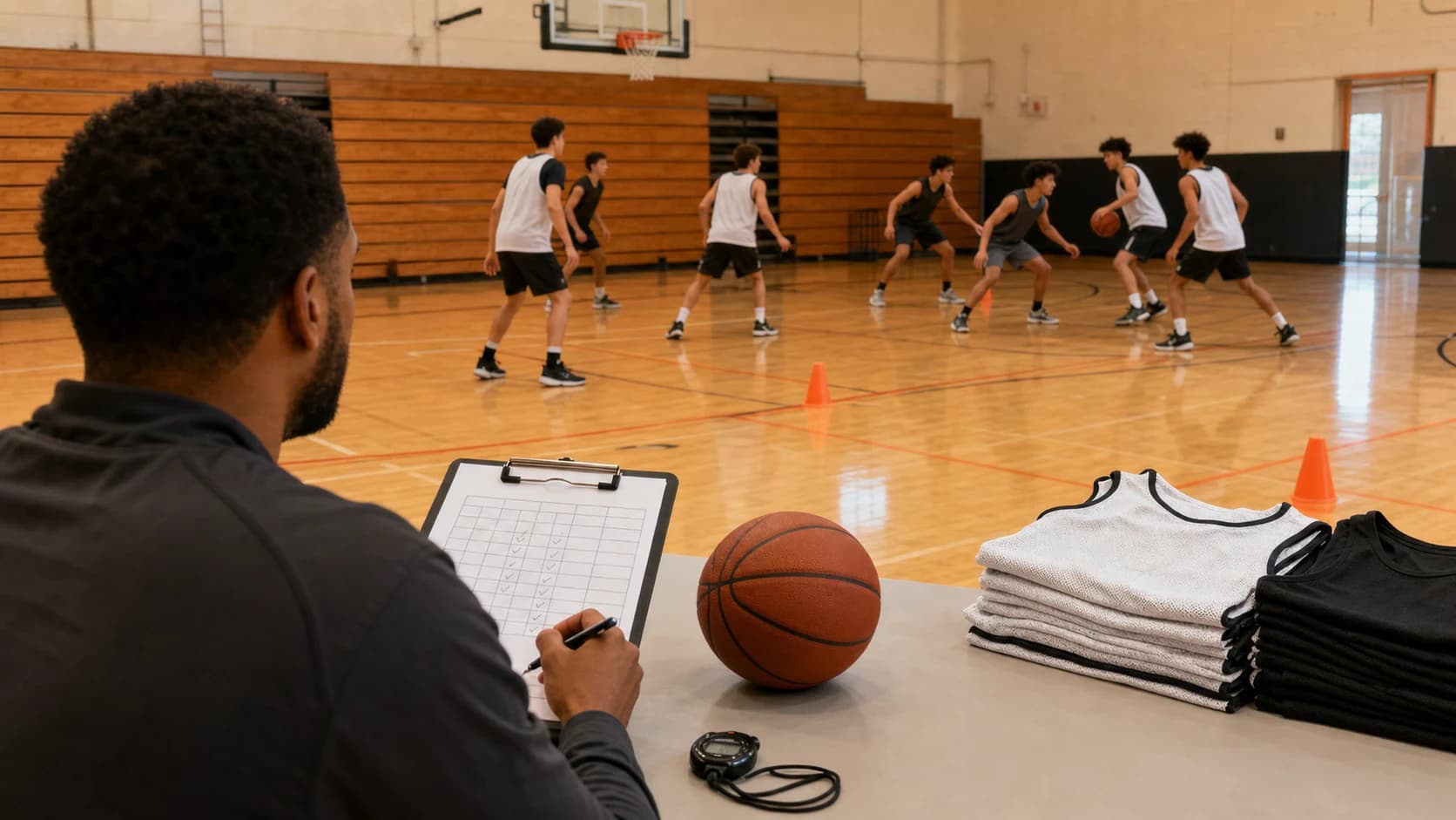 A coach using an evaluation grid while players compete in a three-on-three tryout drill