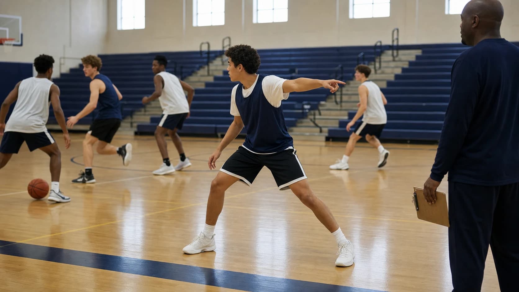 A teenage player communicating in a defensive stance while a coach evaluates a tryout