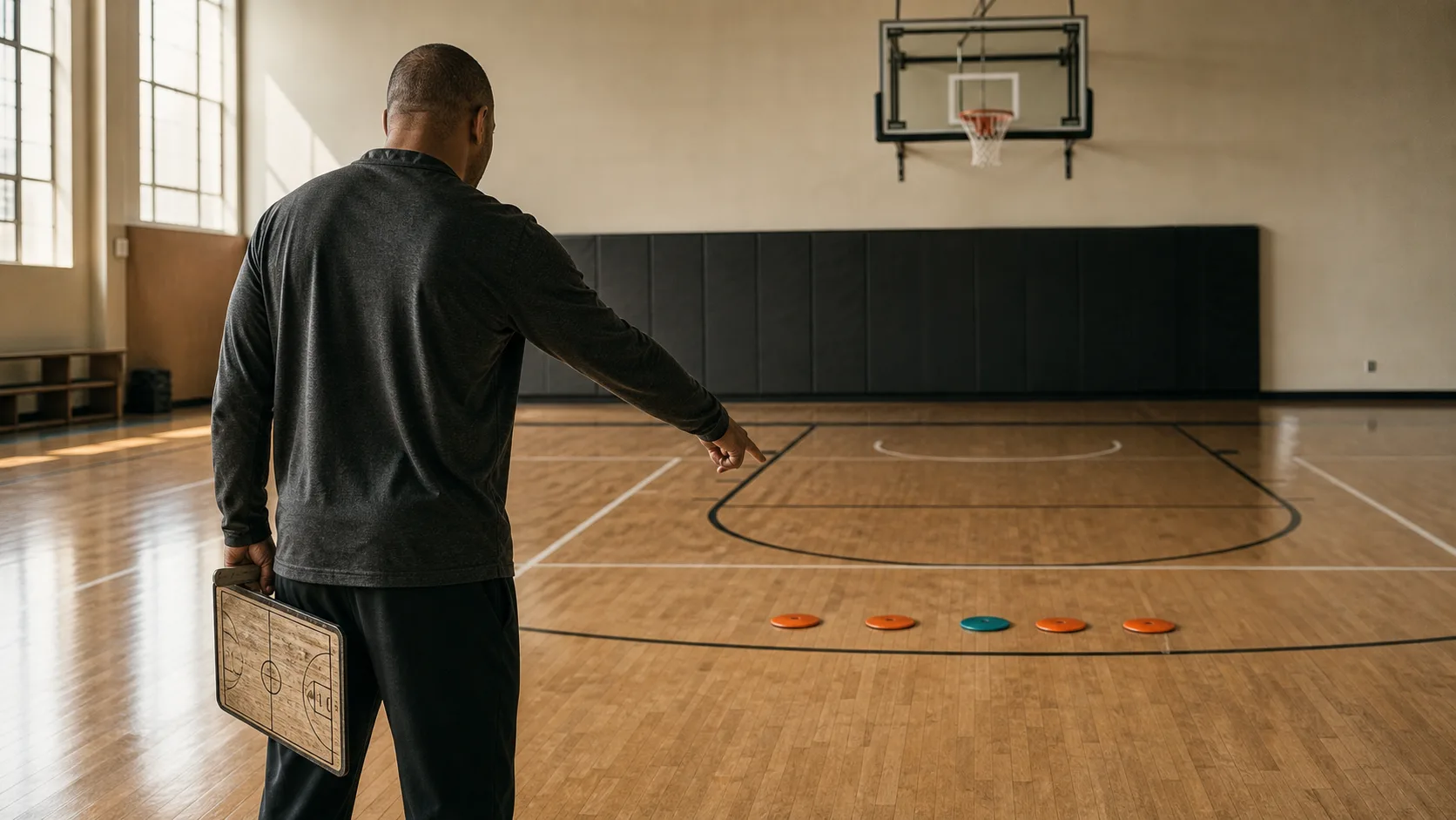 A coach laying out floor markers for a practice plan on an empty court