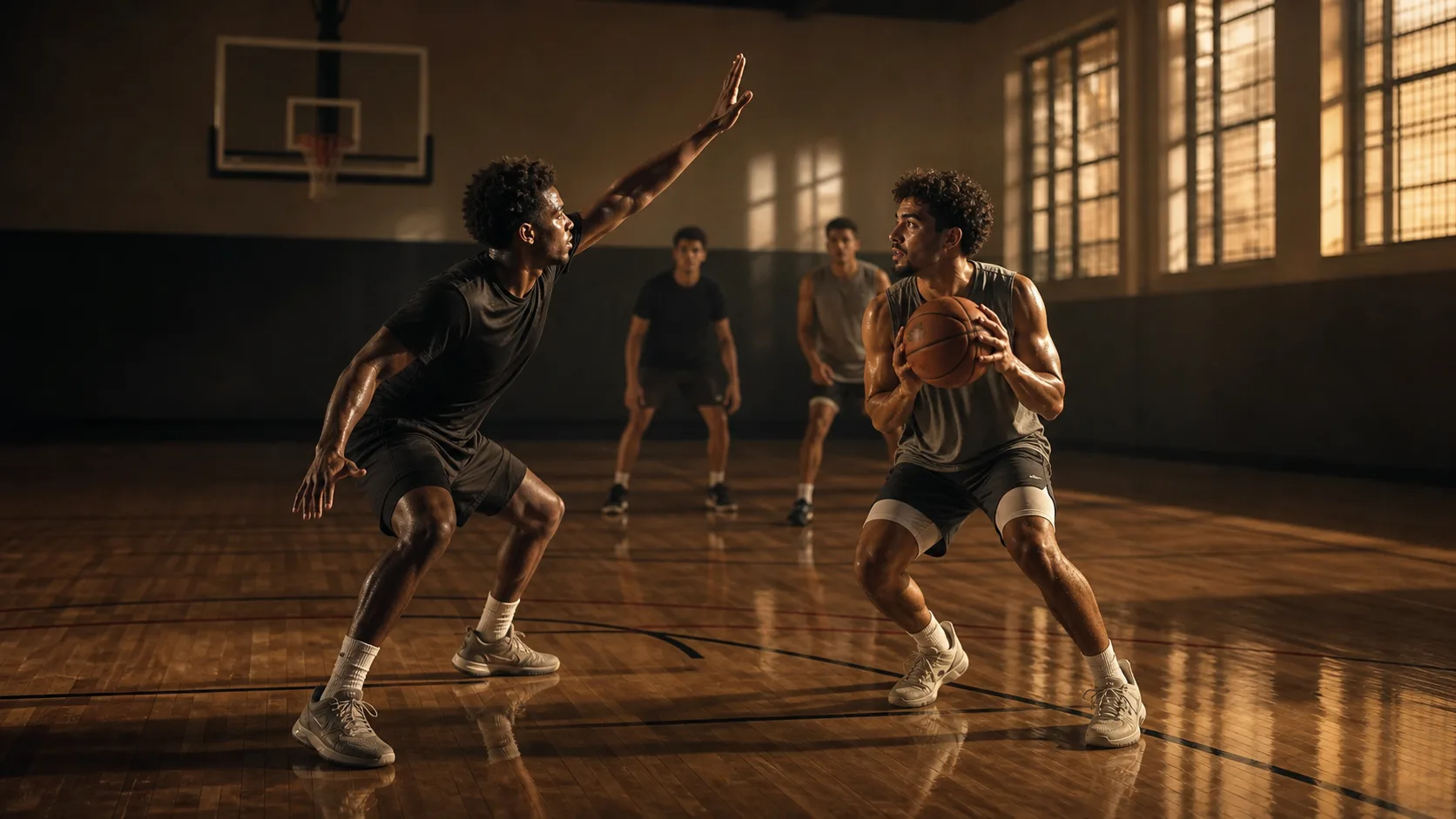 A defender closing out with a high hand as a perimeter player gathers the ball