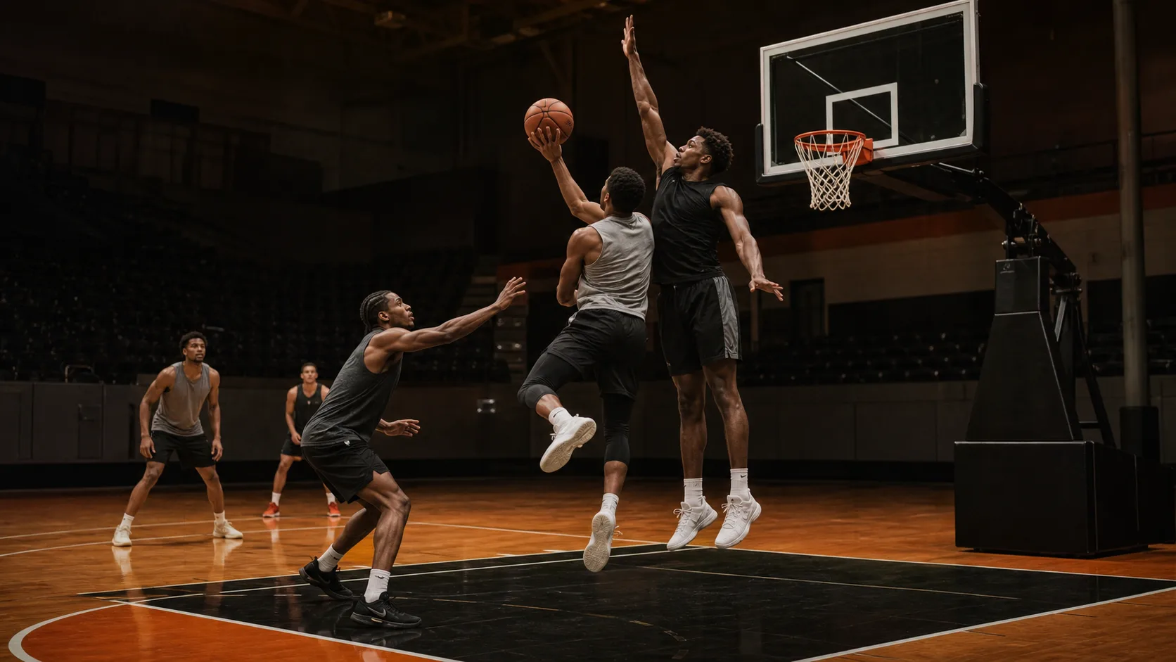 A rim protector contesting vertically as a driver attacks the basket
