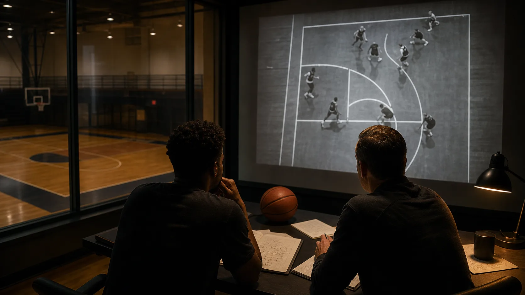 A coach and analyst studying a projected half-court possession in a dark film room