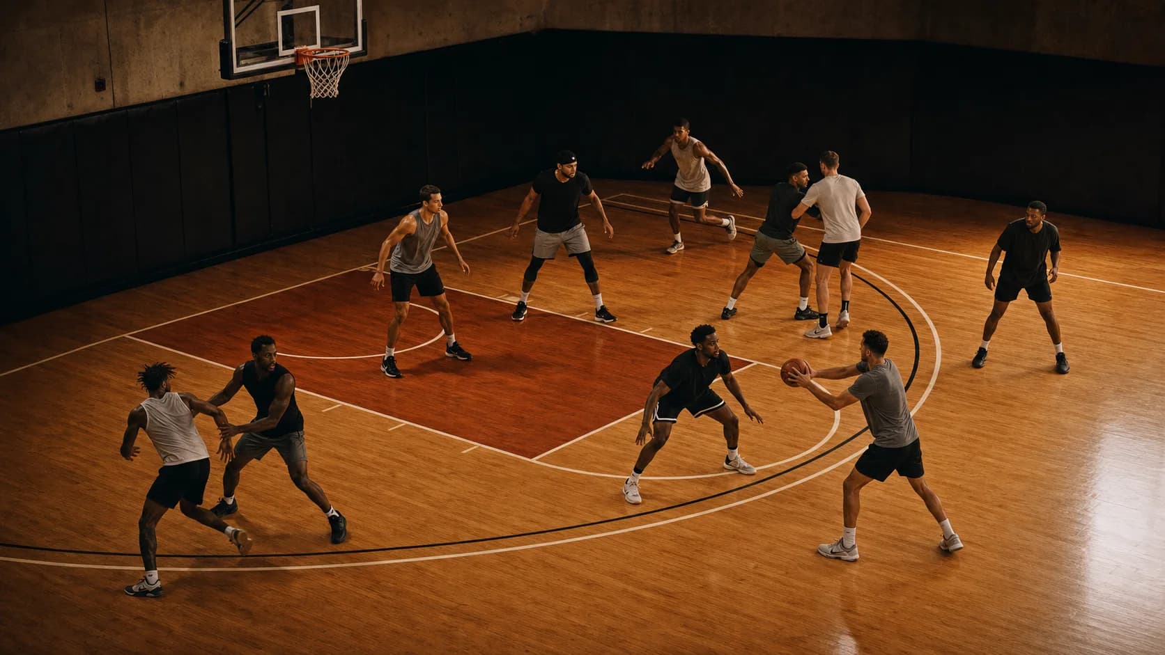 A half-court offense swinging the ball as a weak-side player cuts behind the defense