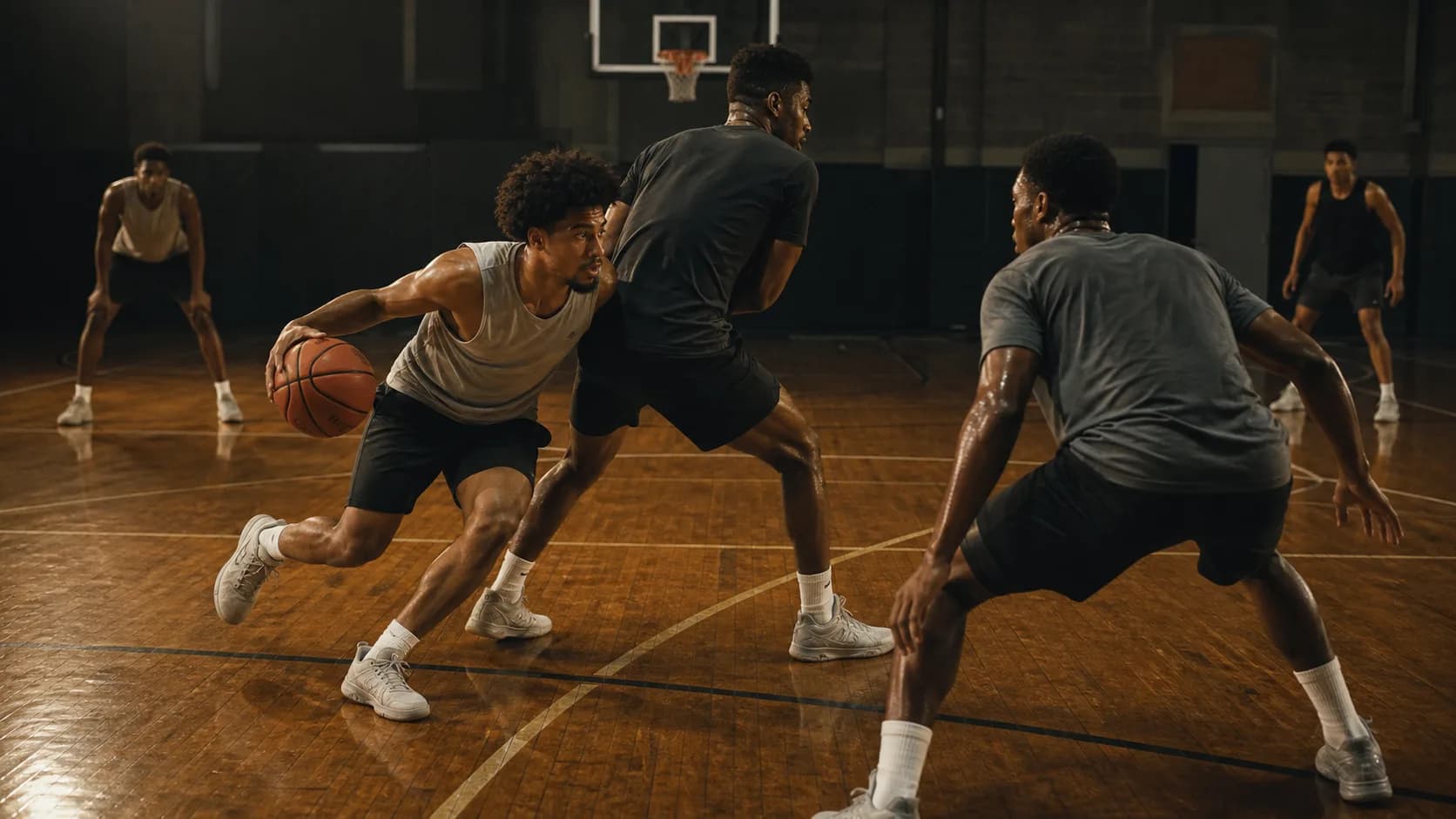 A ballhandler turning the corner while a screener holds the angle against two defenders