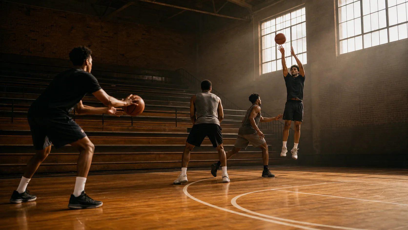 A shooter rising from an off-ball screen as a defender trails the play