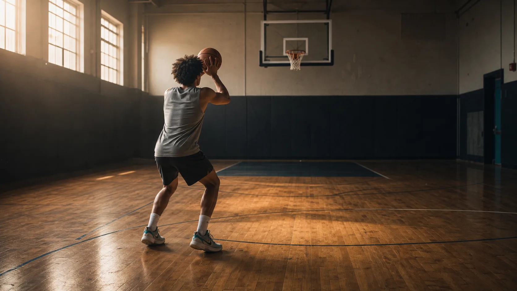 A player setting their feet for a jump shot in an empty practice gym