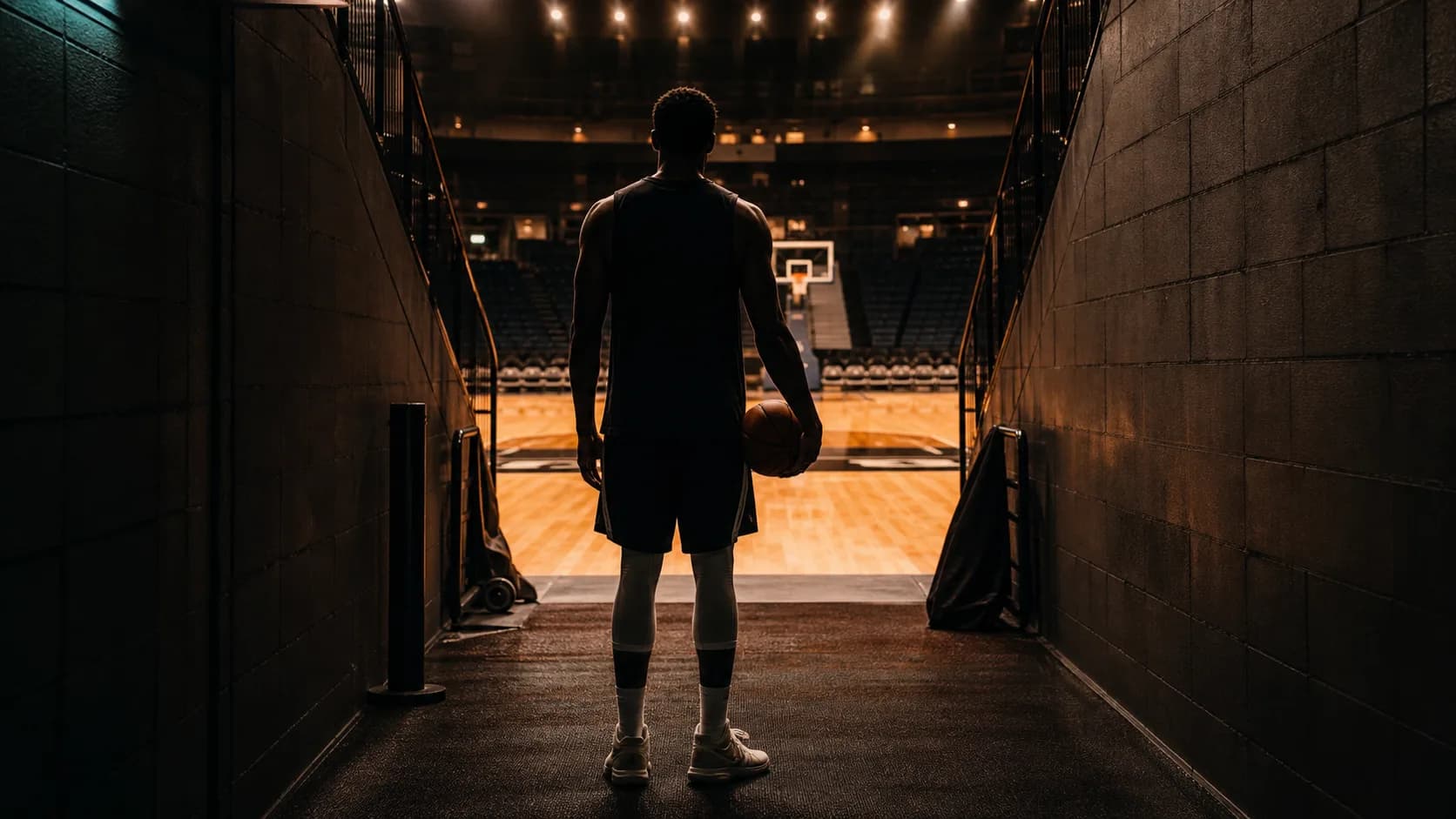 An anonymous player looking from a dark arena tunnel toward the court