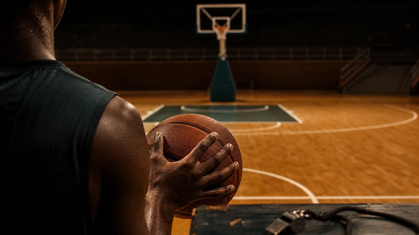 A player's hands set on a basketball at the free-throw line in an empty gym