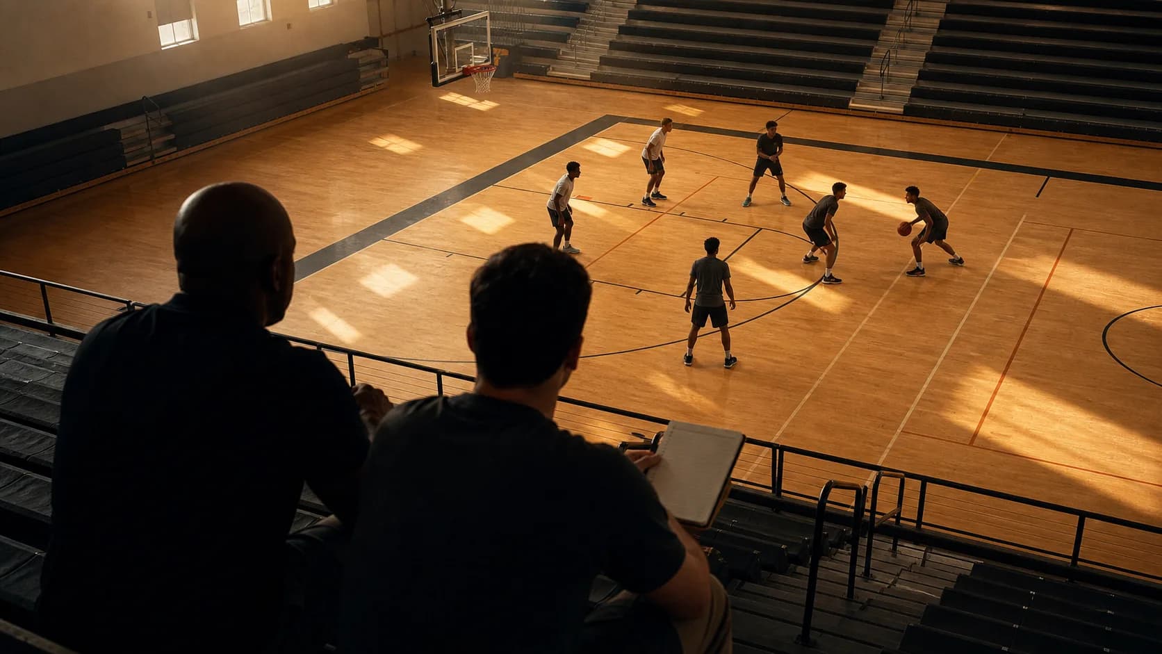 Two evaluators watching a live three-on-three workout from the upper bleachers