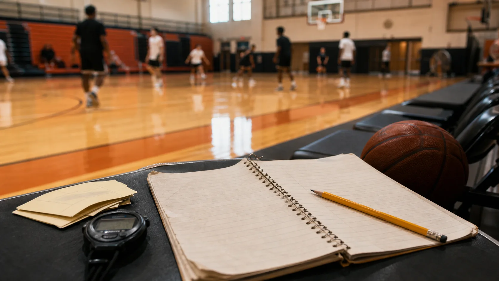 A scout's notebook, pencil, stopwatch, and basketball beside a live practice