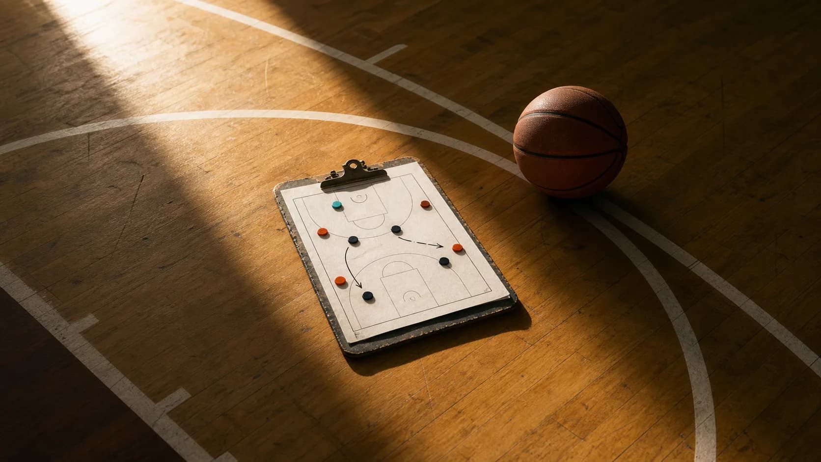 A worn basketball tactics board and ball on a scuffed half court